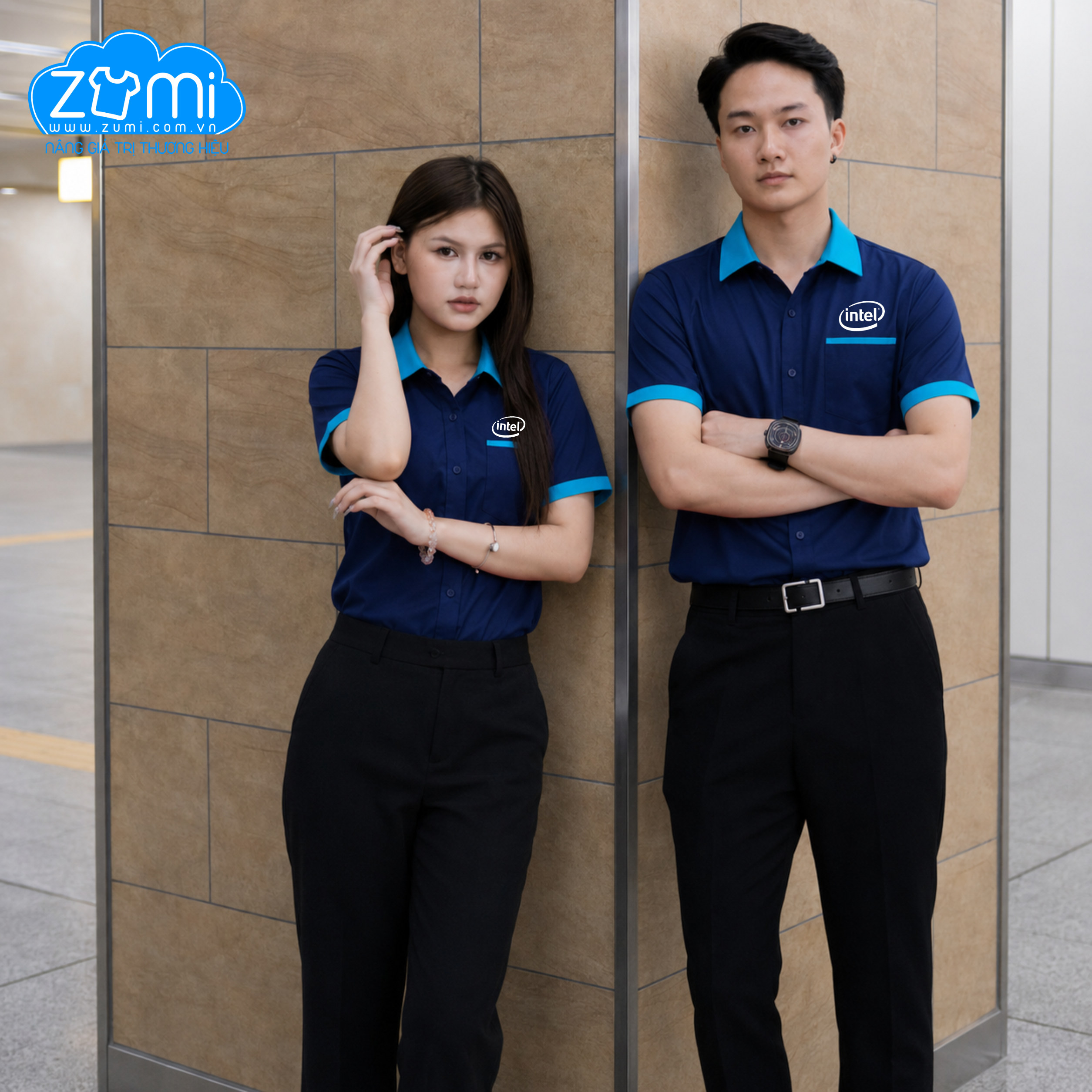 Áo Sơ Mi Đồng Phục Tay Ngắn Xanh Intel