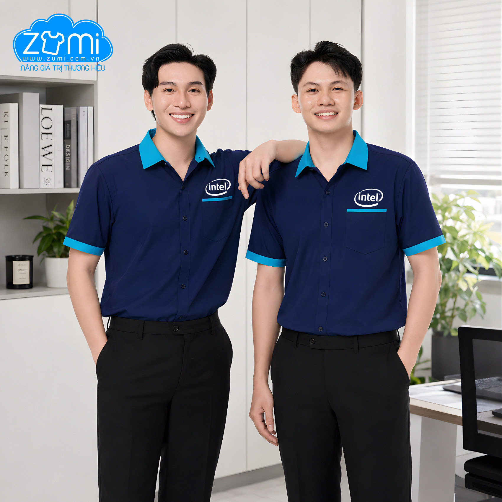 Áo Sơ Mi Đồng Phục Tay Ngắn Xanh Intel